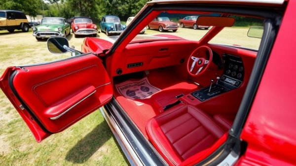 1972 Corvette Stingray with vibrant red interior on grassy lawn.
