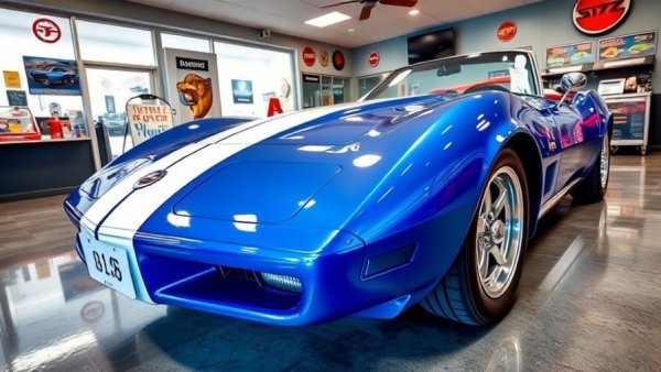 Blue Corvette with white stripe at Corvette store showcasing Corvette history.
