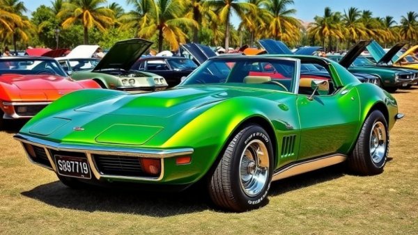 1972 Corvette performance car in green parked at a car show.