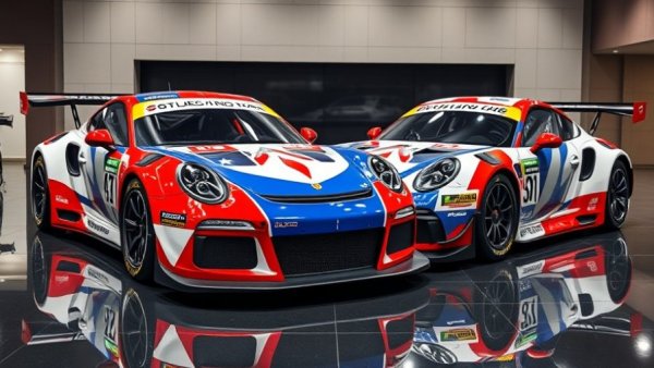 Pratt Miller Motorsports patriotic liveries on race cars indoors.