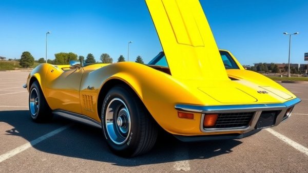 Yellow 1970 Corvette 454 with hood open in bright sunlight.