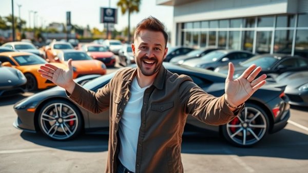 Opera singer car salesman passionately showcasing a car in a dealership lot.
