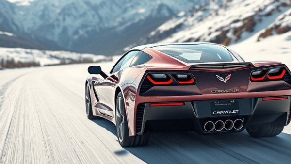 Chevrolet Corvette skidding on snow track, mountains in background.
