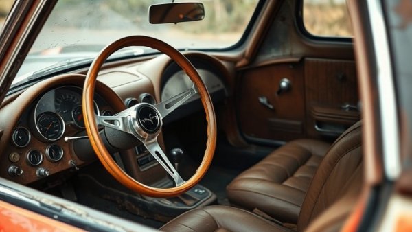 Interior of a $9K Corvette with worn tan leather steering wheel.