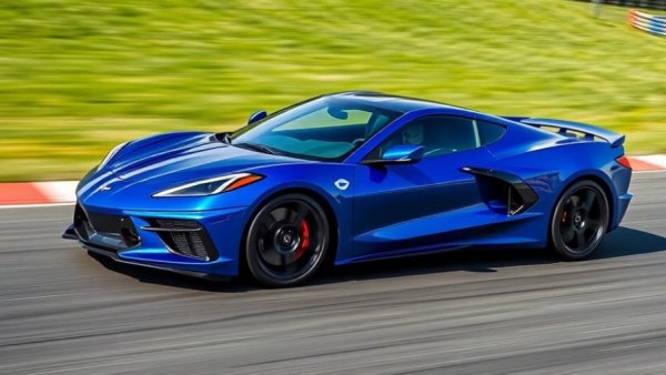 Sleek blue 2027 Corvette Grand Sport speeding on a race track.
