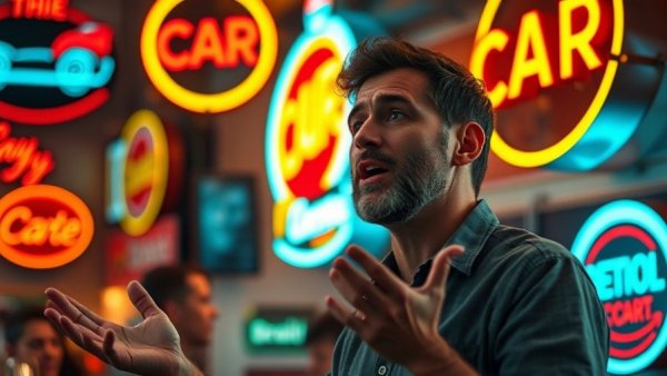 Man discussing the car hobby in front of neon car signs