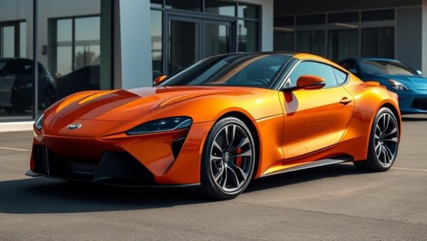 Sleek modern orange sports car outside dealership, Carbon Revolution bankruptcy