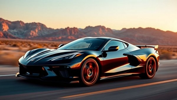 2027 C8 Corvette Grand Sport on desert road with mountain view.