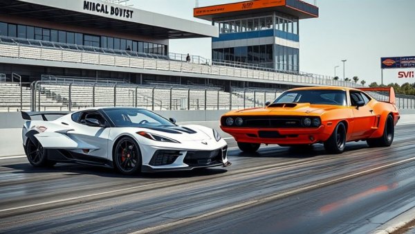 Corvette ZR1X vs. Dodge Demon 170 on dragstrip, vibrant scene.