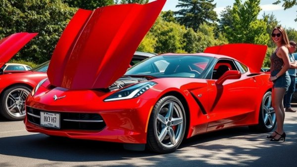 Corvette Channel Live: Red Corvette at car show with bystander.
