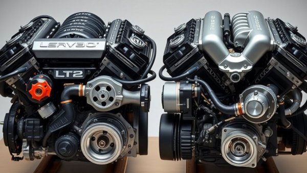 Close-up of LT2 vs LS6 engine components, side by side for performance comparison.