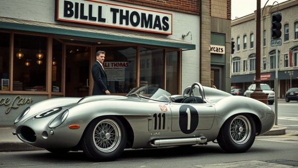 Vintage silver race car outside a classic dealership.