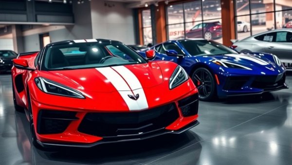 2027 Corvette Grand Sport in red and blue at a showroom event.