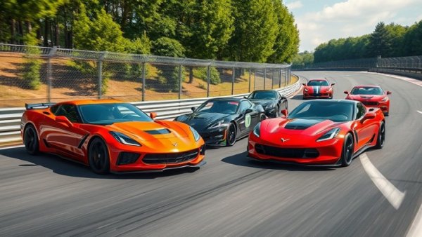 Performance cars on racetrack with greenery in background