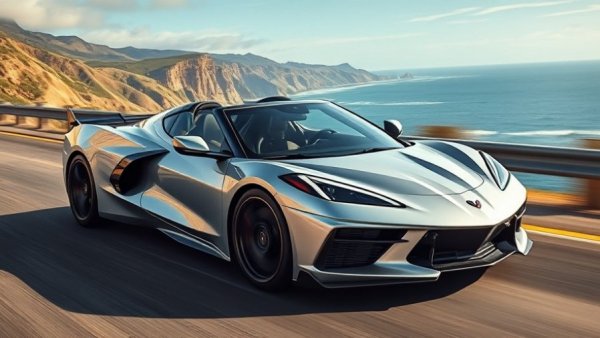 2028 Corvette ZORA driving on a scenic coastal highway.