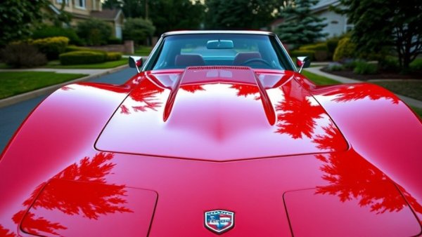 Glossy red 1975 Corvette Stingray on asphalt road.