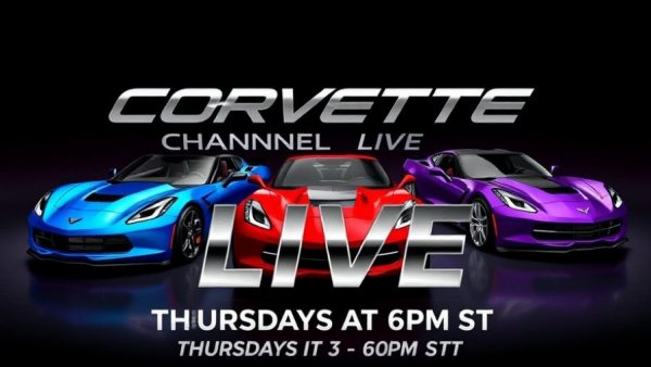 Corvette Channel Live promo with colorful cars and event text.