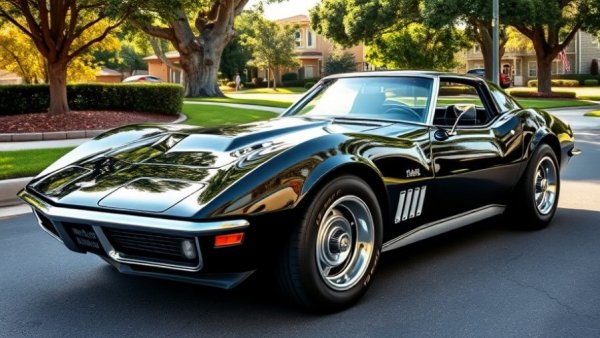 Black 1969 Corvette Stingray with blower engine on suburban street.