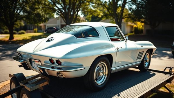 1963 Corvette split window drag racer on trailer in sunny neighborhood.