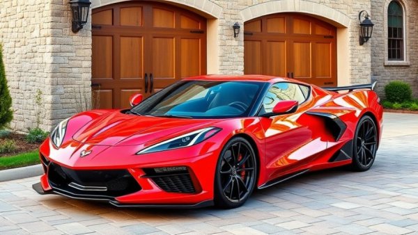 Modified C8 Corvette in a suburban driveway, showcasing sleek design.