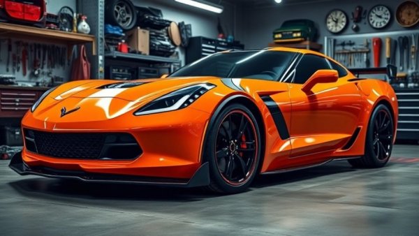 Corvette Z06 modifications with vibrant orange color in detailed garage.