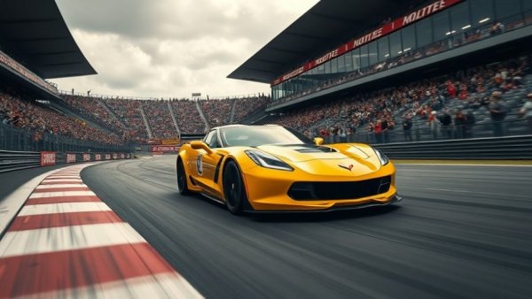 Chevrolet Corvette racing on track with cheering fans.