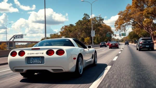 C5 Corvette pulled over on highway with passing traffic under a sunny sky.