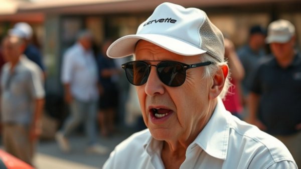 Older man with Corvette hat, outdoor setting discussion.