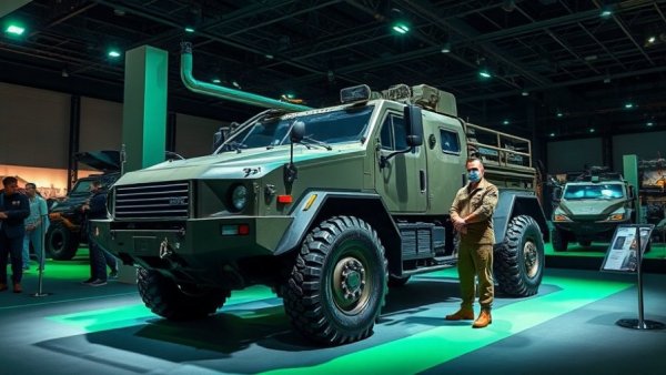 GM Defense Infantry Squad Vehicle displayed with military personnel at exhibit.