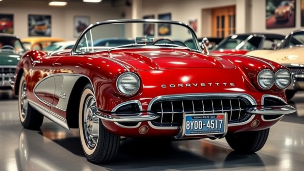 Freije and Freije Big Boy Toy Auction featuring a vintage maroon Corvette in a showroom.