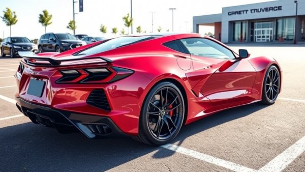C8 Corvette Grand Sport display in dealership parking lot.