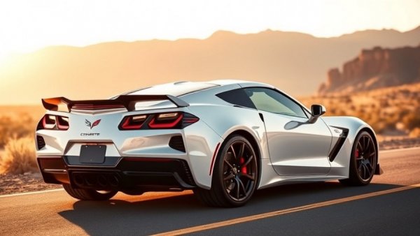 White 2027 Corvette Z06 options on desert highway.