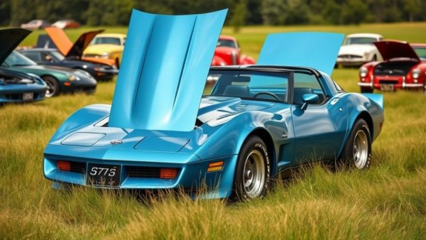 Blue 1982 Corvette at Daytona Turkey Run in grassy field.