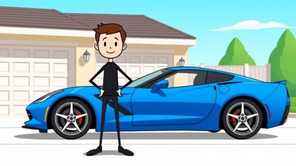 Cartoon character stands proudly with blue Corvette in driveway, suburban setting.