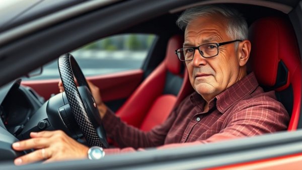 Older man in C8 Corvette with custom carbon fiber steering wheel.