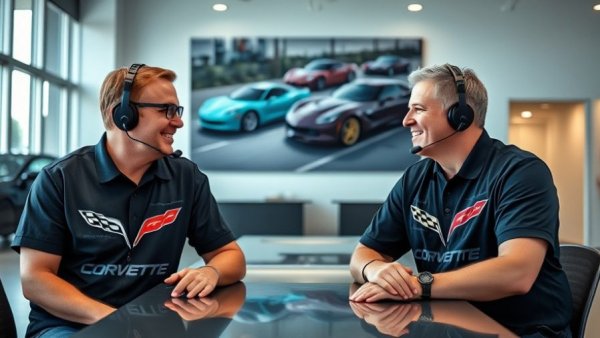 Chevrolet Corvette dealership representatives smiling during work.