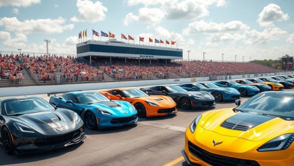 Corvettes parked at Talladega Superspeedway under a sunny sky.