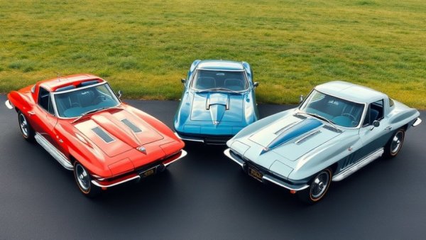 Unrestored 1965 Corvettes parked on asphalt under clear skies.