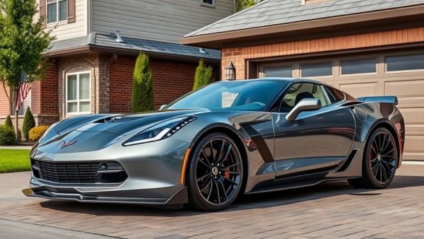 Corvette Z06 performance car in driveway with sleek design.