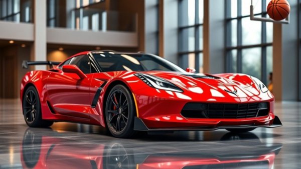 Michael Jordan Corvette ZR-1 exhibition featuring a sleek red car and basketball indoors.