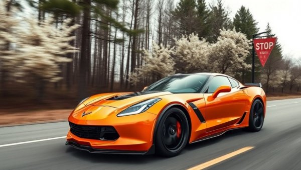 Chevy Z06 performance on display, vibrant orange Corvette driving.