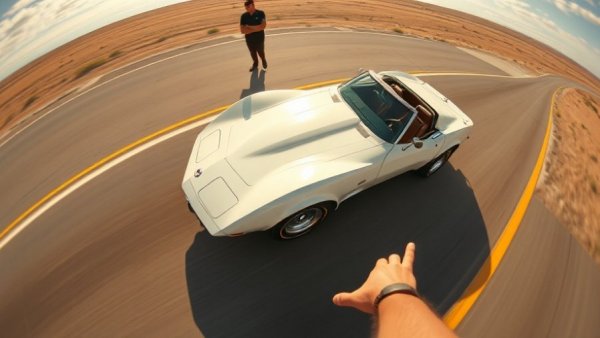 Cartoon-style 1976 Corvette with person on road, song lyrics overlay.