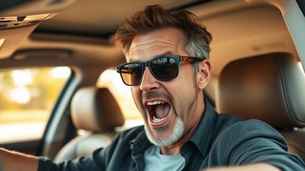 Excited man in sunglasses sitting in car discussing C8 Z06 headers sound