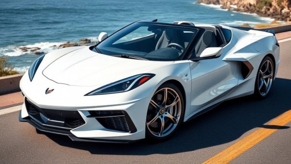 E5 Wheels Sebring 2P on sleek white C8 Corvette by the ocean.