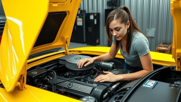 Young woman inspecting C5 Corvette engine in a garage, buying guide.