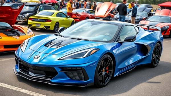 2027 Corvette Z06 E-Ray with stunning wheels in a vibrant car show setting