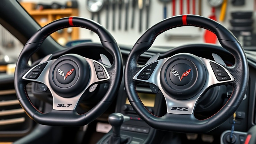 Close-up of Corvette Z06 steering wheels showcasing magnetic shifters and performance upgrades.