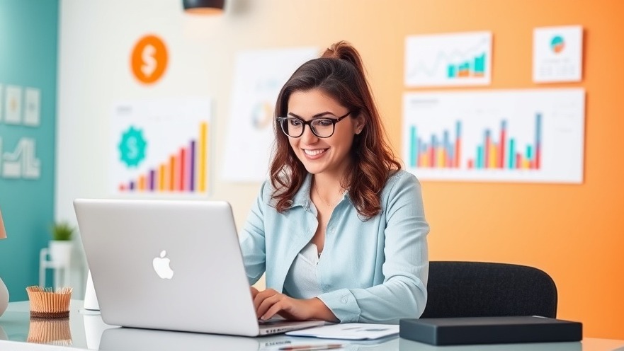 Confident woman in modern workspace with laptop, colorful charts, and affiliate marketing symbols.