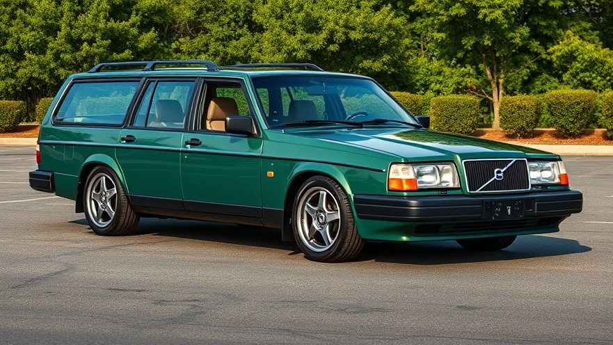 Vintage green Volvo 740 GLE with hybrid car technology details in serene parking lot.