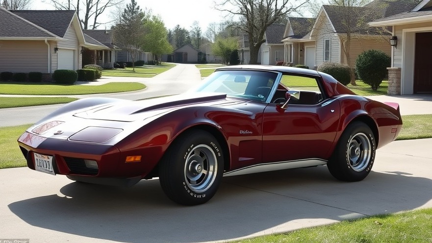 Photorealistic maroon 1974 Corvette showcasing classic car history in a suburban setting.